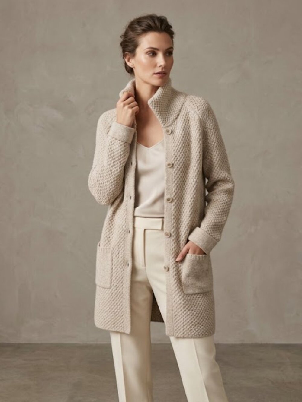 Olsen Oatmeal Chunky Knit Cardigan Sweater with Collar and Pockets S/M 8